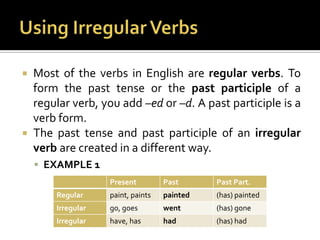 Using Irregular VerbsMost of the verbs in English are regular verbs. To form the past tense or the past participle of a regular verb, you add –edor –d. A past participle is a verb form.The past tense and past participle of an irregular verb are created in a different way.EXAMPLE 1