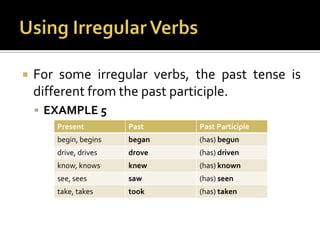 Using Irregular VerbsFor some irregular verbs, the past tense is different from the past participle.EXAMPLE 5