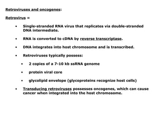 Retroviruses and oncogenes:
Retrovirus =
• Single-stranded RNA virus that replicates via double-stranded
DNA intermediate.
• RNA is converted to cDNA by reverse transcriptase.
• DNA integrates into host chromosome and is transcribed.
• Retroviruses typically possess:
• 2 copies of a 7-10 kb ssRNA genome
• protein viral core
• glycolipid envelope (glycoproteins recognize host cells)
• Transducing retroviruses possesses oncogenes, which can cause
cancer when integrated into the host chromosome.
 