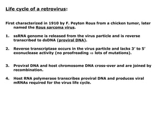Life cycle of a retrovirus:
First characterized in 1910 by F. Peyton Rous from a chicken tumor, later
named the Rous sarcoma virus.
1. ssRNA genome is released from the virus particle and is reverse
transcribed to dsDNA (proviral DNA).
2. Reverse transcriptase occurs in the virus particle and lacks 3’ to 5’
exonuclease activity (no proofreading ⇒ lots of mutations).
3. Proviral DNA and host chromosome DNA cross-over and are joined by
recombination.
4. Host RNA polymerase transcribes proviral DNA and produces viral
mRNAs required for the virus life cycle.
 