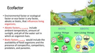 Ecofactor
• Environmental factor or ecological
factor or eco factor is any factor,
abiotic or biotic, that influences living
organisms.
• Abiotic factors非生物因素 include
ambient temperature, amount of
sunlight, and pH of the water soil in
which an organism lives.
• Biotic factors生物因素 would include the
availability of food organisms and the
presence of conspecifics, competitors,
predators, and parasites.
 