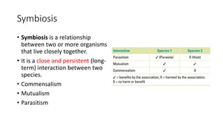 Symbiosis
• Symbiosis is a relationship
between two or more organisms
that live closely together.
• It is a close and persistent (long-
term) interaction between two
species.
• Commensalism
• Mutualism
• Parasitism
 