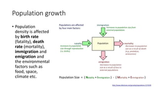 Population growth
• Population
density is affected
by birth rate
(fatality), death
rate (mortality),
immigration and
emigration and
the environmental
factors such as
food, space,
climate etc.
 