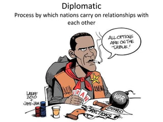 Diplomatic
Process by which nations carry on relationships with
each other
 