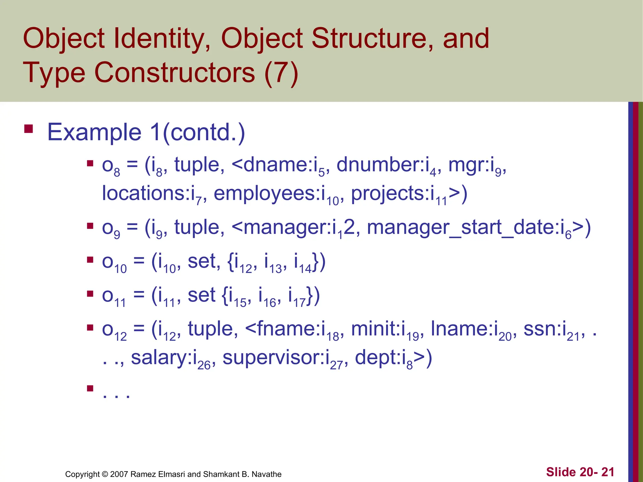 Slide 20- 21 Copyright © 2007 Ramez Elmasri and Shamkant B. Navathe Object Identity, Object Structure, and Type Constructors (7)  Example 1(contd.)  o8 = (i8, tuple, <dname:i5, dnumber:i4, mgr:i9, locations:i7, employees:i10, projects:i11>)  o9 = (i9, tuple, <manager:i12, manager_start_date:i6>)  o10 = (i10, set, {i12, i13, i14})  o11 = (i11, set {i15, i16, i17})  o12 = (i12, tuple, <fname:i18, minit:i19, lname:i20, ssn:i21, . . ., salary:i26, supervi­ sor:i27, dept:i8>)  . . . 