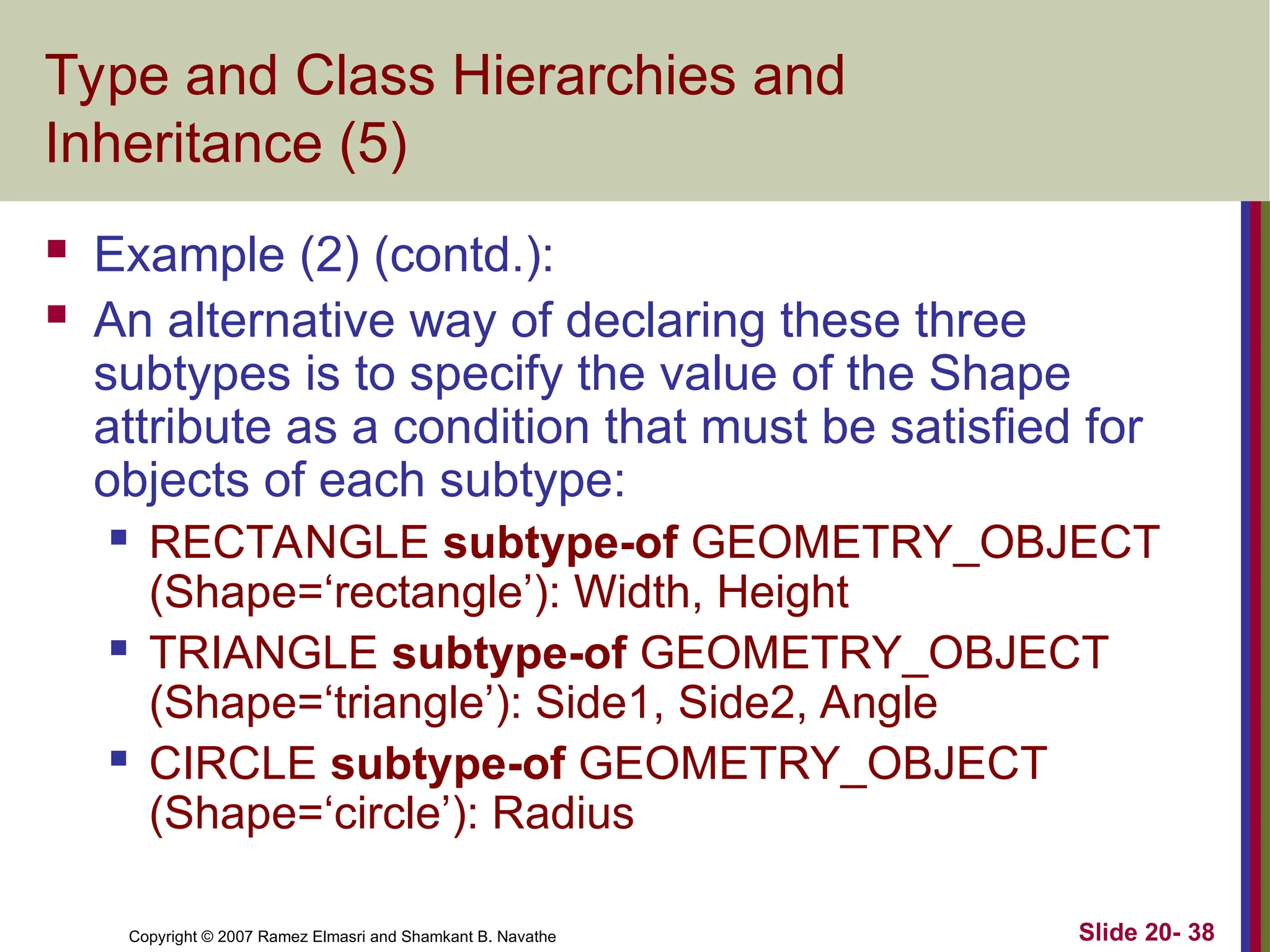 Slide 20- 38 Copyright © 2007 Ramez Elmasri and Shamkant B. Navathe Type and Class Hierarchies and Inheritance (5)  Example (2) (contd.):  An alternative way of declaring these three subtypes is to specify the value of the Shape attribute as a condition that must be satisfied for objects of each subtype:  RECTANGLE subtype-of GEOMETRY_OBJECT (Shape=‘rectangle’): Width, Height  TRIANGLE subtype-of GEOMETRY_OBJECT (Shape=‘triangle’): Side1, Side2, Angle  CIRCLE subtype-of GEOMETRY_OBJECT (Shape=‘circle’): Radius 