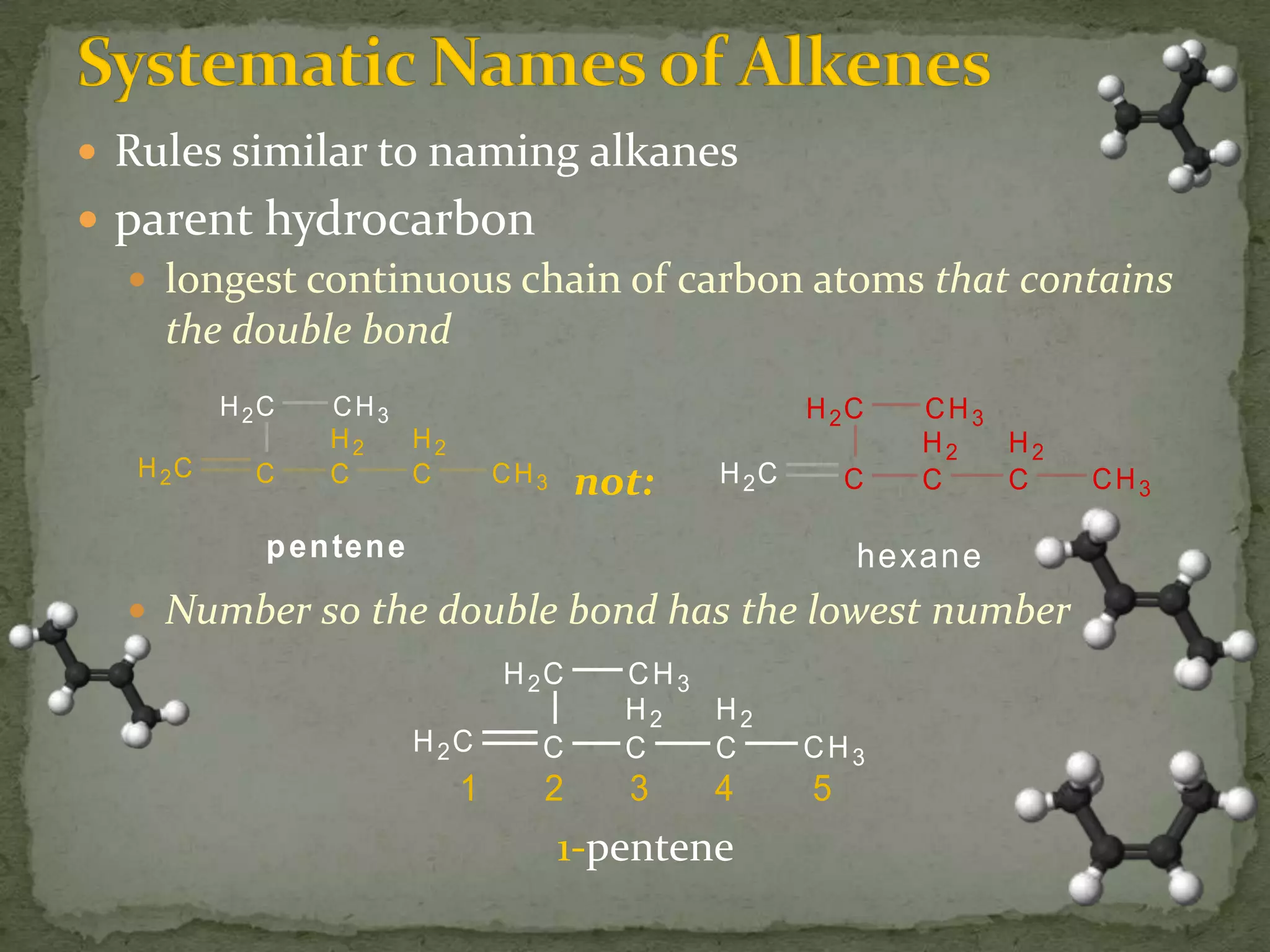 Systematic Names of AlkenesRules similar to naming alkanesparent hydrocarbon longest continuous chain of carbon atoms that contains the double bondNumber so the double bond has the lowest numbernot:1-pentene