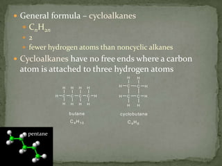 General formula – cycloalkanesCnH2n2 fewer hydrogen atoms than noncyclic alkanesCycloalkanes have no free ends where a carbon atom is attached to three hydrogen atomspentane