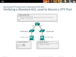 Presentation_ID 39© 2008 Cisco Systems, Inc. All rights reserved. Cisco Confidential
Securing VTY ports with a Standard IP...