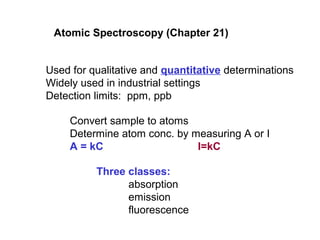 Atomic Spectroscopy (Chapter 21)
Used for qualitative and quantitative determinations
Widely used in industrial settings
Detection limits: ppm, ppb
Convert sample to atoms
Determine atom conc. by measuring A or I
A = kC I=kC
Three classes:
absorption
emission
fluorescence
 