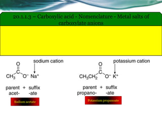 20.1.1.3 – Carboxylic acid - Nomenclature - Metal salts of
carboxylate anions
Sodium acetate Potassium propanoate
 