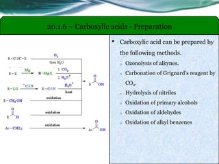 • Carboxylic acid can be prepared by
the following methods.
o Ozonolysis of alkynes.
o Carbonation of Grignard’s reagent by
CO2.
o Hydrolysis of nitriles
o Oxidation of primary alcohols
o Oxidation of aldehydes
o Oxidation of alkyl benzenes
20.1.6 – Carboxylic acids - Preparation
 