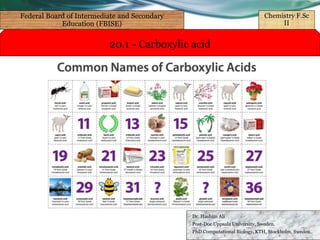 20.1 - Carboxylic acid
Dr. Hashim Ali
Post-Doc Uppsala University, Sweden.
PhD Computational Biology, KTH, Stockholm, Sweden.
Federal Board of Intermediate and Secondary
Education (FBISE)
Chemistry F.Sc
II
 