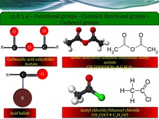 Acid halide
Carboxylic acid anhydride/
Acetate
C
O
O C
O
R R
Acetic anhydride/Ethanoic anhydride/Acetyl
acetate
CH3COOCOCH3 C4H6O3
C O
X
R
Acetyl chloride/Ethanoyl chloride
CH3COCl C2H3OCl
15.8.5.4 – Functional groups - Common functional groups -
Carbonyl groups
 