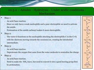 20.5.2 – Amides - Hydrolysis - Under acidic conditions -
Mechanism
• Step 1:
o An acid/base reaction.
o Since we only have a weak nucleophile and a poor electrophile we need to activate
the amide.
o Protonation of the amide carbonyl makes it more electrophilic.
• Step 2:
o The water O functions as the nucleophile attacking the electrophilic C in the C=O,
with the electrons moving towards the oxonium ion, creating the tetrahedral
intermediate.
• Step 3:
o An acid/base reaction.
o Deprotonate the oxygen that came from the water molecule to neutralize the charge.
• Step 4:
o An acid/base reaction.
o Need to make the -NH2 leave, but need to convert it into a good leaving group first
by protonation.
 