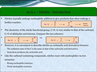 20.6.1 – Nitriles - Introduction
• Nitriles typically undergo nucleophilic addition to give products that often undergo a
further reaction.
• The chemistry of the nitrile functional group, C≡N, is very similar to that of the carbonyl,
C=O of aldehydes and ketones. Compare the two schemes:
• vs
• However, it is convenient to describe nitriles as carboxylic acid derivatives because:
o The oxidation state of the C is the same as that of the carboxylic acid derivatives.
o Hydrolysis produces the carboxylic acid
• Like the carbonyl containing compounds, nitriles react with nucleophiles via two
scenarios:
o Strong nucleophile reactions.
o Weak nucleophile reactions.
 