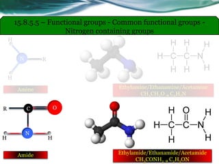 Amide
Ethylamine/Ethanamine/Acetamine
CH3CH2O  C2H7N
Ethylamide/Ethanamide/Acetamide
CH3CONH2  C2H5ON
N R
H
H
C O
N
H
R
H
Amine
15.8.5.5 – Functional groups - Common functional groups -
Nitrogen containing groups
 