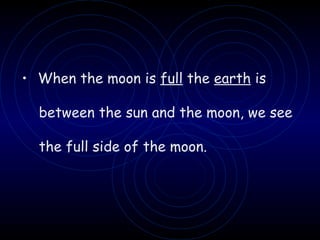 When the moon is  full  the  earth  is  between the sun and the moon, we see  the full side of the moon. 