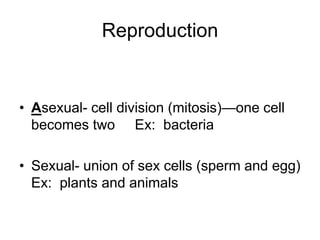 Reproduction
• Asexual- cell division (mitosis)—one cell
becomes two Ex: bacteria
• Sexual- union of sex cells (sperm and egg)
Ex: plants and animals
 