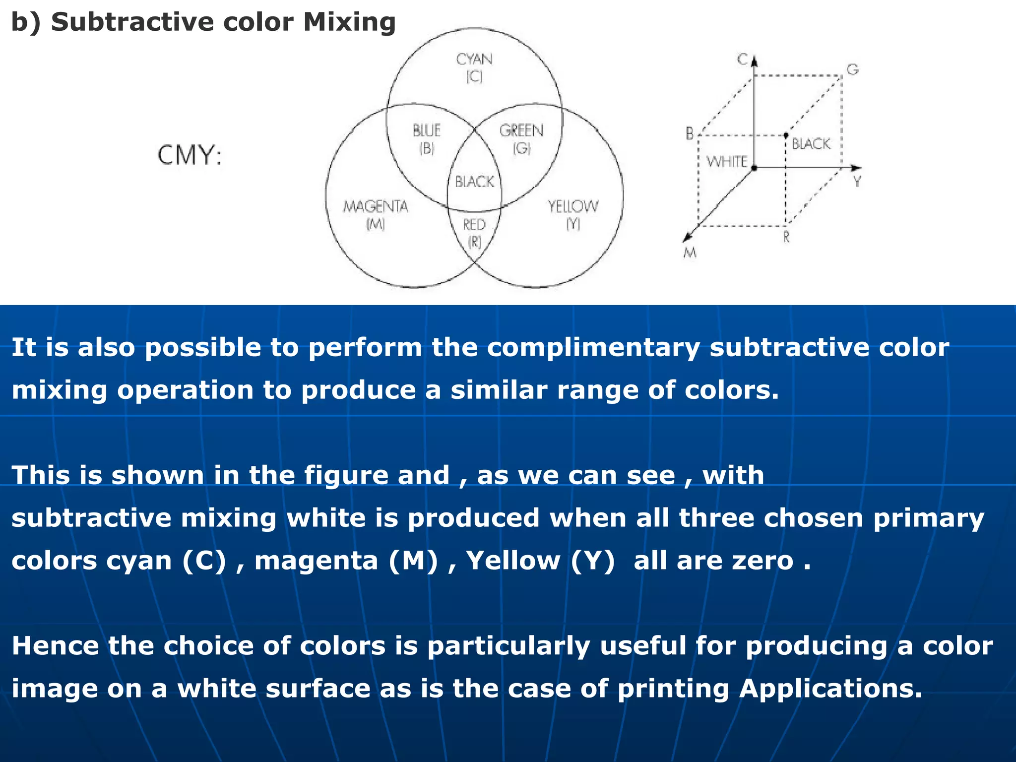 It is also possible to perform the complimentary subtractive color  mixing operation to produce a similar range of colors.  This is shown in the figure and , as we can see , with  subtractive mixing white is produced when all three chosen primary  colors cyan (C) , magenta (M) , Yellow (Y)  all are zero .  Hence the choice of colors is particularly useful for producing a color  image on a white surface as is the case of printing Applications. b) Subtractive color Mixing  