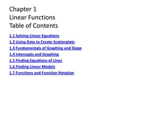 Chapter 1
Linear Functions
Table of Contents
1.1 Solving Linear Equations
1.2 Using Data to Create Scatterplots
1.3 Fundamentals of Graphing and Slope
1.4 Intercepts and Graphing
1.5 Finding Equations of Lines
1.6 Finding Linear Models
1.7 Functions and Function Notation
 