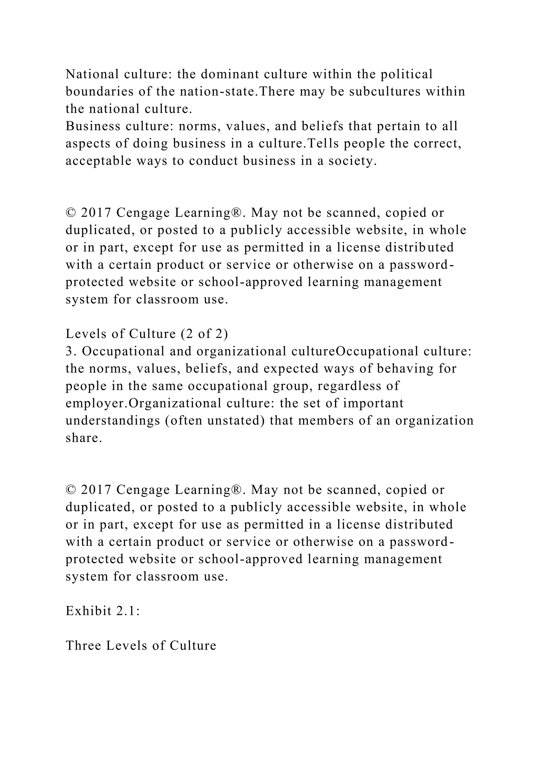 National culture: the dominant culture within the political
boundaries of the nation-state.There may be subcultures within
the national culture.
Business culture: norms, values, and beliefs that pertain to all
aspects of doing business in a culture.Tells people the correct,
acceptable ways to conduct business in a society.
© 2017 Cengage Learning®. May not be scanned, copied or
duplicated, or posted to a publicly accessible website, in whole
or in part, except for use as permitted in a license distributed
with a certain product or service or otherwise on a password-
protected website or school-approved learning management
system for classroom use.
Levels of Culture (2 of 2)
3. Occupational and organizational cultureOccupational culture:
the norms, values, beliefs, and expected ways of behaving for
people in the same occupational group, regardless of
employer.Organizational culture: the set of important
understandings (often unstated) that members of an organization
share.
© 2017 Cengage Learning®. May not be scanned, copied or
duplicated, or posted to a publicly accessible website, in whole
or in part, except for use as permitted in a license distributed
with a certain product or service or otherwise on a password-
protected website or school-approved learning management
system for classroom use.
Exhibit 2.1:
Three Levels of Culture
 