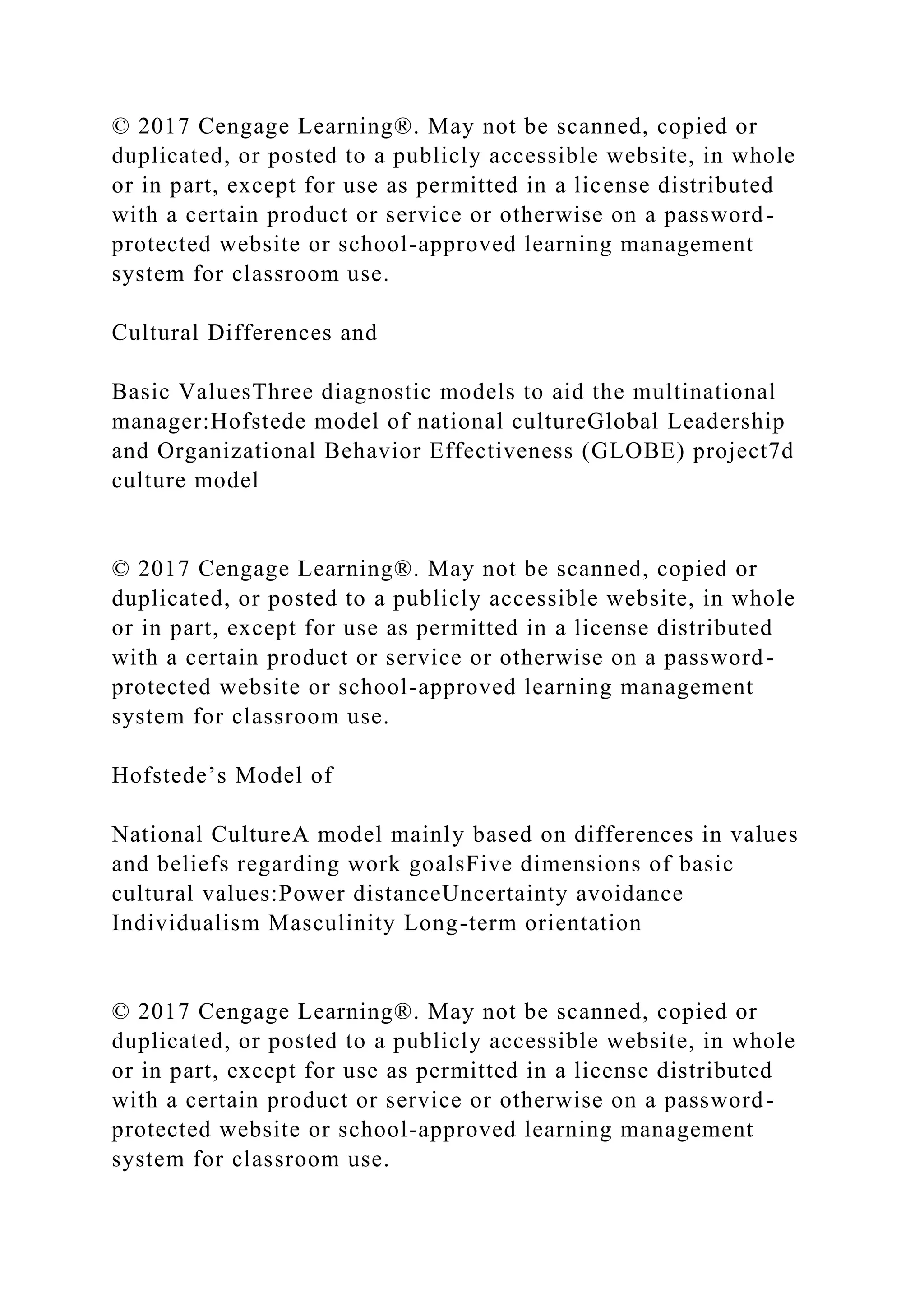 © 2017 Cengage Learning®. May not be scanned, copied or
duplicated, or posted to a publicly accessible website, in whole
or in part, except for use as permitted in a license distributed
with a certain product or service or otherwise on a password-
protected website or school-approved learning management
system for classroom use.
Cultural Differences and
Basic ValuesThree diagnostic models to aid the multinational
manager:Hofstede model of national cultureGlobal Leadership
and Organizational Behavior Effectiveness (GLOBE) project7d
culture model
© 2017 Cengage Learning®. May not be scanned, copied or
duplicated, or posted to a publicly accessible website, in whole
or in part, except for use as permitted in a license distributed
with a certain product or service or otherwise on a password-
protected website or school-approved learning management
system for classroom use.
Hofstede’s Model of
National CultureA model mainly based on differences in values
and beliefs regarding work goalsFive dimensions of basic
cultural values:Power distanceUncertainty avoidance
Individualism Masculinity Long-term orientation
© 2017 Cengage Learning®. May not be scanned, copied or
duplicated, or posted to a publicly accessible website, in whole
or in part, except for use as permitted in a license distributed
with a certain product or service or otherwise on a password-
protected website or school-approved learning management
system for classroom use.
 