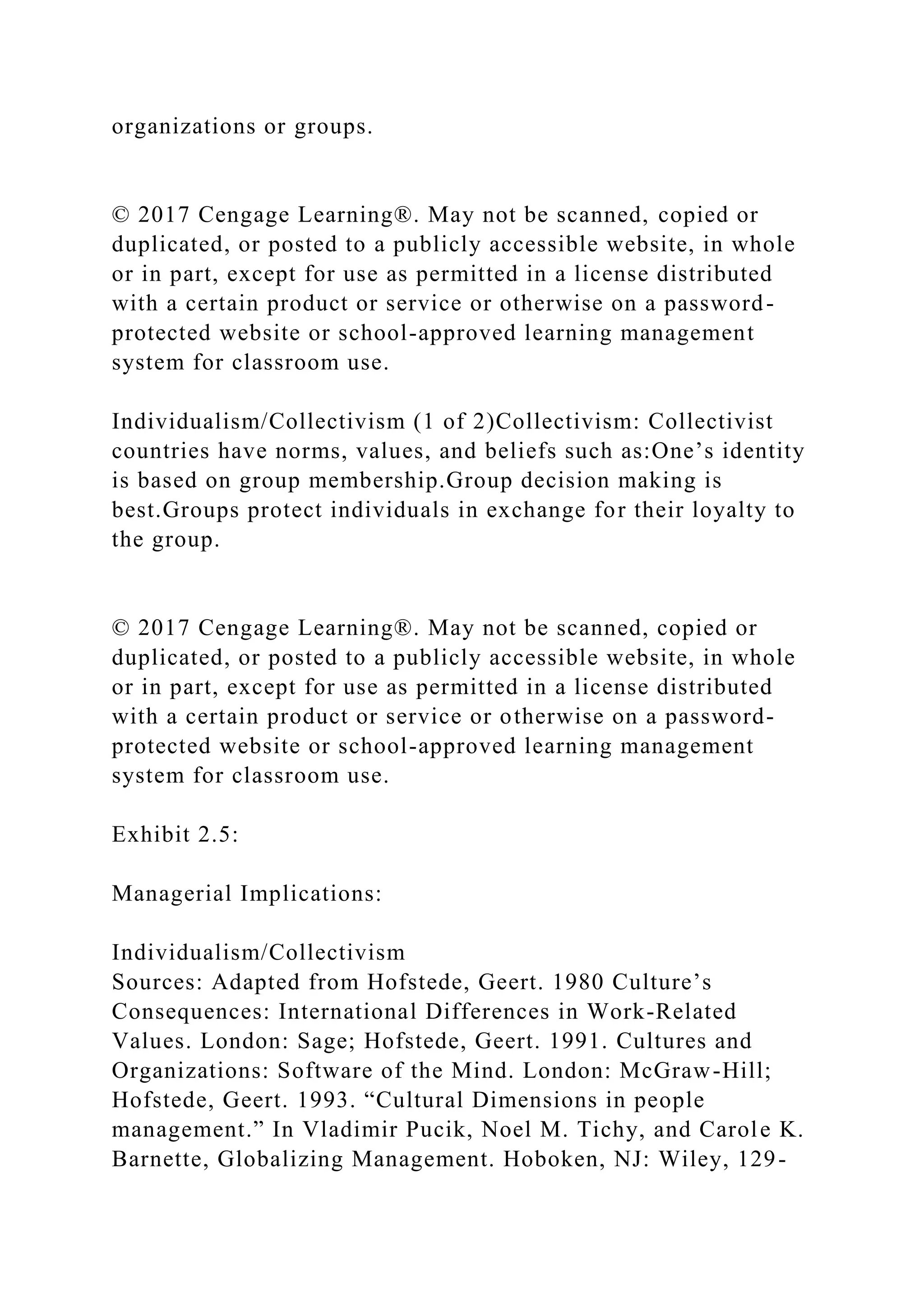 organizations or groups.
© 2017 Cengage Learning®. May not be scanned, copied or
duplicated, or posted to a publicly accessible website, in whole
or in part, except for use as permitted in a license distributed
with a certain product or service or otherwise on a password-
protected website or school-approved learning management
system for classroom use.
Individualism/Collectivism (1 of 2)Collectivism: Collectivist
countries have norms, values, and beliefs such as:One’s identity
is based on group membership.Group decision making is
best.Groups protect individuals in exchange for their loyalty to
the group.
© 2017 Cengage Learning®. May not be scanned, copied or
duplicated, or posted to a publicly accessible website, in whole
or in part, except for use as permitted in a license distributed
with a certain product or service or otherwise on a password-
protected website or school-approved learning management
system for classroom use.
Exhibit 2.5:
Managerial Implications:
Individualism/Collectivism
Sources: Adapted from Hofstede, Geert. 1980 Culture’s
Consequences: International Differences in Work-Related
Values. London: Sage; Hofstede, Geert. 1991. Cultures and
Organizations: Software of the Mind. London: McGraw-Hill;
Hofstede, Geert. 1993. “Cultural Dimensions in people
management.” In Vladimir Pucik, Noel M. Tichy, and Carole K.
Barnette, Globalizing Management. Hoboken, NJ: Wiley, 129-
 