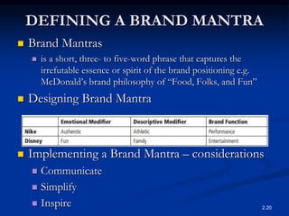 DEFINING A BRAND MANTRA
 Brand Mantras
 is a short, three- to five-word phrase that captures the
irrefutable essence or spirit of the brand positioning e.g.
McDonald’s brand philosophy of “Food, Folks, and Fun”
 Designing Brand Mantra
 Implementing a Brand Mantra – considerations
 Communicate
 Simplify
 Inspire 2.20
 