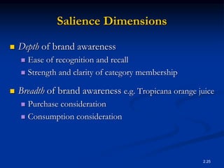 2.25
Salience Dimensions
 Depth of brand awareness
 Ease of recognition and recall
 Strength and clarity of category membership
 Breadth of brand awareness e.g. Tropicana orange juice
 Purchase consideration
 Consumption consideration
 