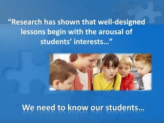 “Research has shown that well-designed
lessons begin with the arousal of
students’ interests…”

We need to know our students…

 
