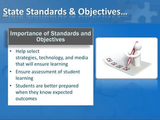 State Standards & Objectives…
Importance of Standards and
Objectives
• Help select
strategies, technology, and media
that will ensure learning
• Ensure assessment of student
learning
• Students are better prepared
when they know expected
outcomes

 