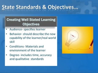 State Standards & Objectives…
Creating Well Stated Learning
Objectives
• Audience- specifies learner
• Behavior- should describe the new
capability of the learner/real world
skill
• Conditions- Materials and
environment of the learner
• Degree- includes time, accuracy
and qualitative standards

 