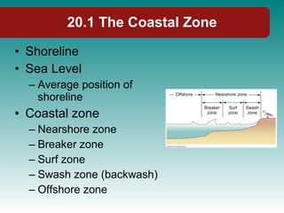 20.1 The Coastal Zone <ul><li>Shoreline </li></ul><ul><li>Sea Level </li></ul><ul><ul><li>Average position of shoreline </...