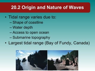 20.2 Origin and Nature of Waves <ul><li>Tidal range varies due to: </li></ul><ul><ul><li>Shape of coastline </li></ul></ul...