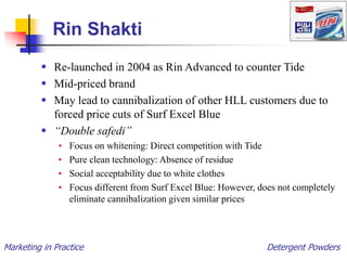 Marketing in Practice Detergent Powders
Rin Shakti
 Re-launched in 2004 as Rin Advanced to counter Tide
 Mid-priced brand
 May lead to cannibalization of other HLL customers due to
forced price cuts of Surf Excel Blue
 “Double safedi”
• Focus on whitening: Direct competition with Tide
• Pure clean technology: Absence of residue
• Social acceptability due to white clothes
• Focus different from Surf Excel Blue: However, does not completely
eliminate cannibalization given similar prices
 