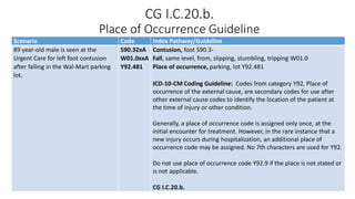 CG I.C.20.b.
Place of Occurrence Guideline
Scenario Code Index Pathway/Guideline
89 year-old male is seen at the
Urgent Care for left foot contusion
after falling in the Wal-Mart parking
lot.
S90.32xA
W01.0xxA
Y92.481
Contusion, foot S90.3-
Fall, same level, from, slipping, stumbling, tripping W01.0
Place of occurrence, parking, lot Y92.481
ICD-10-CM Coding Guideline: Codes from category Y92, Place of
occurrence of the external cause, are secondary codes for use after
other external cause codes to identify the location of the patient at
the time of injury or other condition.
Generally, a place of occurrence code is assigned only once, at the
initial encounter for treatment. However, in the rare instance that a
new injury occurs during hospitalization, an additional place of
occurrence code may be assigned. No 7th characters are used for Y92.
Do not use place of occurrence code Y92.9 if the place is not stated or
is not applicable.
CG I.C.20.b.
 