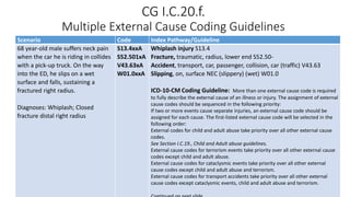 CG I.C.20.f.
Multiple External Cause Coding Guidelines
Scenario Code Index Pathway/Guideline
68 year-old male suffers neck pain
when the car he is riding in collides
with a pick-up truck. On the way
into the ED, he slips on a wet
surface and falls, sustaining a
fractured right radius.
Diagnoses: Whiplash; Closed
fracture distal right radius
S13.4xxA
S52.501xA
V43.63xA
W01.0xxA
Whiplash injury S13.4
Fracture, traumatic, radius, lower end S52.50-
Accident, transport, car, passenger, collision, car (traffic) V43.63
Slipping, on, surface NEC (slippery) (wet) W01.0
ICD-10-CM Coding Guideline: More than one external cause code is required
to fully describe the external cause of an illness or injury. The assignment of external
cause codes should be sequenced in the following priority:
If two or more events cause separate injuries, an external cause code should be
assigned for each cause. The first-listed external cause code will be selected in the
following order:
External codes for child and adult abuse take priority over all other external cause
codes.
See Section I.C.19., Child and Adult abuse guidelines.
External cause codes for terrorism events take priority over all other external cause
codes except child and adult abuse.
External cause codes for cataclysmic events take priority over all other external
cause codes except child and adult abuse and terrorism.
External cause codes for transport accidents take priority over all other external
cause codes except cataclysmic events, child and adult abuse and terrorism.
 