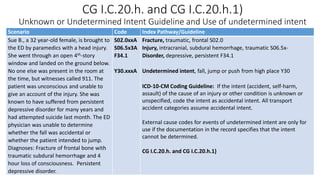 CG I.C.20.h. and CG I.C.20.h.1)
Unknown or Undetermined Intent Guideline and Use of undetermined intent
Scenario Code Index Pathway/Guideline
Sue B., a 32 year-old female, is brought to
the ED by paramedics with a head injury.
She went through an open 4th-story
window and landed on the ground below.
No one else was present in the room at
the time, but witnesses called 911. The
patient was unconscious and unable to
give an account of the injury. She was
known to have suffered from persistent
depressive disorder for many years and
had attempted suicide last month. The ED
physician was unable to determine
whether the fall was accidental or
whether the patient intended to jump.
Diagnoses: Fracture of frontal bone with
traumatic subdural hemorrhage and 4
hour loss of consciousness. Persistent
depressive disorder.
S02.0xxA
S06.5x3A
F34.1
Y30.xxxA
Fracture, traumatic, frontal S02.0
Injury, intracranial, subdural hemorrhage, traumatic S06.5x-
Disorder, depressive, persistent F34.1
Undetermined intent, fall, jump or push from high place Y30
ICD-10-CM Coding Guideline: If the intent (accident, self-harm,
assault) of the cause of an injury or other condition is unknown or
unspecified, code the intent as accidental intent. All transport
accident categories assume accidental intent.
External cause codes for events of undetermined intent are only for
use if the documentation in the record specifies that the intent
cannot be determined.
CG I.C.20.h. and CG I.C.20.h.1)
 