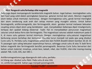 20.6 Pengaruh suhuTerhadap sifat magnetik
Suhu juga dapat mempengaruhi karakteristik magnetik bahan. ingat bahwa meningkatkan suhu
dari hasil yang solid dalam peningkatan besarnya getaran termal dari atom. Momen magnetik
atom bebas untuk memutar; karenanya, dengan meningkatnya suhu, gerak termal meningkat
dari atom cenderung acak arah dari setiap momen yang mungkin selaras. Untuk bahan
feromagnetik, antiferromagnetik, dan ferrimagnetik, atom gerakan termal melawan kekuatan
coupling antara dipol atom yang berdekatan saat, menyebabkan beberapa dipol misalignment,
terlepas dari apakah bidang eksternal hadir. Hal ini menyebabkan penurunan magnetisasi
saturasi untuk kedua ferro dan ferrimagnets. The magnetisasi saturasi adalah maksimum pada 0
K, di mana suhu getaran termal minimum. Dengan meningkatnya suhu,saturasi magnetisasi
berkurang secara bertahap dan kemudian tiba-tiba turun menjadi nol pada apa yang disebut
Curie suhu Tc. Perilaku-suhu magnetisasi untuk besi dan Fe3O4 diwakili dalam Gambar 20.10. Di
Tc pasangan spin saling kekuatan sepenuhnya hancur, sehingga untuk suhu di atas Tc baik ferro
bahan magnetik dan ferrimagnetik bersifat paramagnetik. Besarnya Curie Suhu bervariasi dari
bahan untuk material; misalnya, untuk besi, kobalt, nikel, dan Fe3O4, nilai-nilai masing-masing
adalah 768, 1120, 335, dan 585 C.
Antiferromagnetisme juga dipengaruhi oleh suhu; perilaku
ini hilang apa disebut suhu Néel. Pada suhu di atas titik
ini, antiferromagnetik bahan juga menjadi paramagnetik.
 