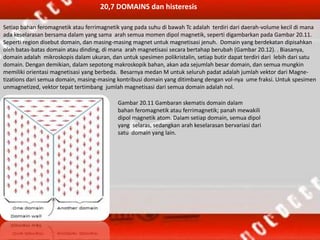 Setiap bahan feromagnetik atau ferrimagnetik yang pada suhu di bawah Tc adalah terdiri dari daerah-volume kecil di mana
ada keselarasan bersama dalam yang sama arah semua momen dipol magnetik, seperti digambarkan pada Gambar 20.11.
Seperti region disebut domain, dan masing-masing magnet untuk magnetisasi jenuh. Domain yang berdekatan dipisahkan
oleh batas-batas domain atau dinding, di mana arah magnetisasi secara bertahap berubah (Gambar 20.12). . Biasanya,
domain adalah mikroskopis dalam ukuran, dan untuk spesimen polikristalin, setiap butir dapat terdiri dari lebih dari satu
domain. Dengan demikian, dalam sepotong makroskopik bahan, akan ada sejumlah besar domain, dan semua mungkin
memiliki orientasi magnetisasi yang berbeda. Besarnya medan M untuk seluruh padat adalah jumlah vektor dari Magne-
tizations dari semua domain, masing-masing kontribusi domain yang ditimbang dengan vol-nya ume fraksi. Untuk spesimen
unmagnetized, vektor tepat tertimbang jumlah magnetisasi dari semua domain adalah nol.
20,7 DOMAINS dan histeresis
Gambar 20.11 Gambaran skematis domain dalam
bahan feromagnetik atau ferrimagnetik; panah mewakili
dipol magnetik atom. Dalam setiap domain, semua dipol
yang selaras, sedangkan arah keselarasan bervariasi dari
satu domain yang lain.
 