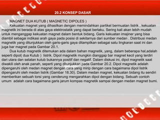 20.2 KONSEP DASAR
MAGNET DUA KUTUB ( MAGNETIC DIPOLES )
Kekuatan magnet yang dihasilkan dengan memindahkan partikel bermuatan listrik , kekuatan
magnetik ini berada di atas gaya elektrostatik yang dapat berlaku. Sering kali akan lebih mudah
untuk menganggap kekuatan magnet dalam bentuk bidang. Garis kekuatan imajiner yang bisa
diambil sebagai indikasi arah gaya pada posisi di sekitarnya dari sumber medan . Distribusi medan
magnetik yang ditunjukkan oleh garis-garis gaya ditampilkan sebagai satu lingkaran saat ini dan
juga bar magnet pada Gambar 20.1.
Dua kutub magnetik ditemukan ada dalam bahan magnetik, yang, dalam beberapa hal,adalah
seperti dipol( dua Kutub ) listrik. Dipol magnetik mungkin dianggap bar magnet kecil yang terdiri
dari utara dan selatan kutub bukannya positif dan negatif. Dalam diskusi ini, dipol magnetik saat
diwakili oleh anak panah, seperti yang ditunjukkan pada Gambar 20.2. Dipol magnetik adalah
dipengaruhi oleh medan magnet dengan cara yang mirip dengan cara bagaimana dipol listrik
dipengaruhi oleh medan listrik (Gambar 18.30). Dalam medan magnet, kekuatan bidang itu sendiri
memberikan sebuah torsi yang cenderung mengarahkan dipol dengan bidang. Sebuah contoh
umum adalah cara bagaimana garis jarum kompas magnetik sampai dengan medan magnet bumi.
 