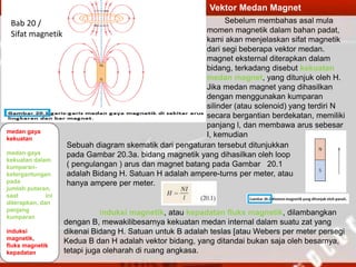 medan gaya
kekuatan
medan gaya
kekuatan dalam
kumparan-
ketergantungan
pada
jumlah putaran,
saat ini
diterapkan, dan
panjang
kumparan
induksi
magnetik,
fluks magnetik
kepadatan
Vektor Medan Magnet
Sebelum membahas asal mula
momen magnetik dalam bahan padat,
kami akan menjelaskan sifat magnetik
dari segi beberapa vektor medan.
magnet eksternal diterapkan dalam
bidang, terkadang disebut kekuatan
medan magnet, yang ditunjuk oleh H.
Jika medan magnet yang dihasilkan
dengan menggunakan kumparan
silinder (atau solenoid) yang terdiri N
secara bergantian berdekatan, memiliki
panjang l, dan membawa arus sebesar
I, kemudian
Induksi magnetik, atau kepadatan fluks magnetik, dilambangkan
dengan B, mewakilibesarnya kekuatan medan internal dalam suatu zat yang
dikenai Bidang H. Satuan untuk B adalah teslas [atau Webers per meter persegi
Kedua B dan H adalah vektor bidang, yang ditandai bukan saja oleh besarnya,
tetapi juga oleharah di ruang angkasa.
Sebuah diagram skematik dari pengaturan tersebut ditunjukkan
pada Gambar 20.3a. bidang magnetik yang dihasilkan oleh loop
( pengulangan ) arus dan magnet batang pada Gambar 20.1
adalah Bidang H. Satuan H adalah ampere-turns per meter, atau
hanya ampere per meter.
Bab 20 /
Sifat magnetik
 