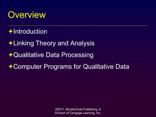 ©2011, Brooks/Cole Publishing, A
Division of Cengage Learning, Inc.
Overview
Introduction
Linking Theory and Analysis
Qualitative Data Processing
Computer Programs for Qualitative Data
 