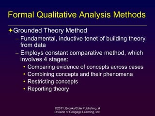 ©2011, Brooks/Cole Publishing, A
Division of Cengage Learning, Inc.
Formal Qualitative Analysis Methods
Grounded Theory Method
– Fundamental, inductive tenet of building theory
from data
– Employs constant comparative method, which
involves 4 stages:
• Comparing evidence of concepts across cases
• Combining concepts and their phenomena
• Restricting concepts
• Reporting theory
 