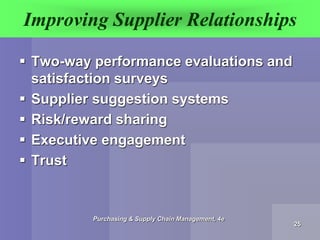 Improving Supplier Relationships
 Two-way performance evaluations and
satisfaction surveys
 Supplier suggestion systems
...