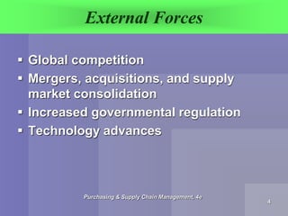 External Forces
 Global competition
 Mergers, acquisitions, and supply
market consolidation
 Increased governmental reg...
