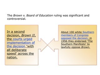 The Brown v. Board of Education ruling was significant and
controversial.

In a second
decision, Brown II,
the courts urged
implementation of
the decision “with
all deliberate
speed” across the
nation.

About 100 white Southern
members of Congress
opposed the decision; in
1956 they endorsed “The
Southern Manifesto” to
lawfully oppose Brown.

 