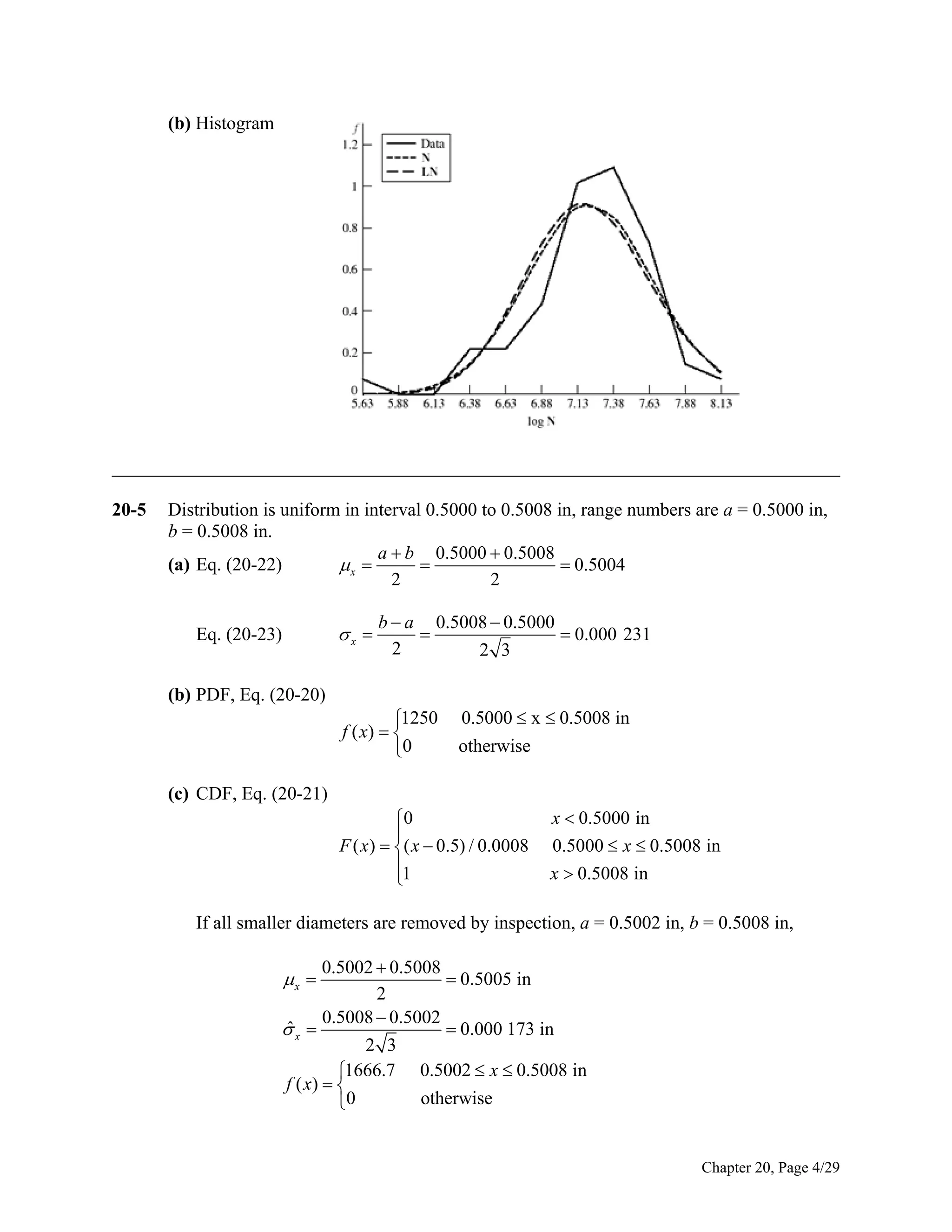 (b) Histogram

______________________________________________________________________________
20-5

Distribution is uniform in interval 0.5000 to 0.5008 in, range numbers are a = 0.5000 in,
b = 0.5008 in.
a  b 0.5000  0.5008
(a) Eq. (20-22)

 0.5004
x 
2
2

x 

Eq. (20-23)

b  a 0.5008  0.5000

 0.000 231
2
2 3

(b) PDF, Eq. (20-20)
1250
f ( x)  
0

0.5000  x  0.5008 in
otherwise

(c) CDF, Eq. (20-21)
0

F ( x )  ( x  0.5) / 0.0008
1


x  0.5000 in
0.5000  x  0.5008 in
x  0.5008 in

If all smaller diameters are removed by inspection, a = 0.5002 in, b = 0.5008 in,
0.5002  0.5008
 0.5005 in
2
0.5008  0.5002
ˆ
x 
 0.000 173 in
2 3
1666.7 0.5002  x  0.5008 in
f ( x)  
otherwise
0

x 

Chapter 20, Page 4/29

 