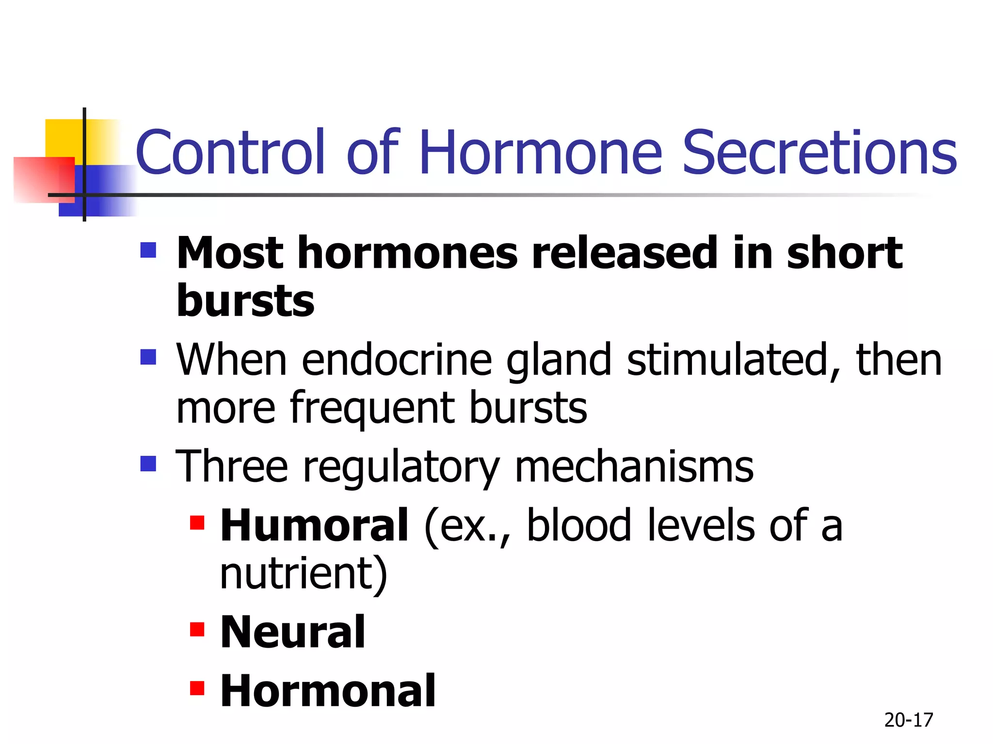 Control of Hormone Secretions Most hormones released in short bursts When endocrine gland stimulated, then more frequent bursts Three regulatory mechanisms Humoral  (ex., blood levels of a nutrient) Neural Hormonal 20- 